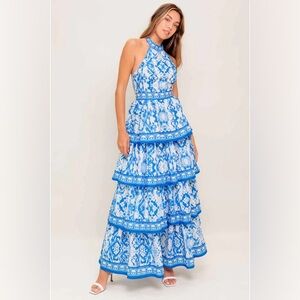 Flying Tomato M blue and white tiered rufflemaxi dress ND1